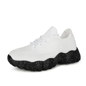 Breathable knit mesh walking shoes with white upper and speckled black platform sole