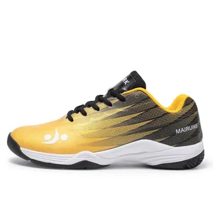 Men's professional non-slip badminton shoes in yellow and black with cushioned soles
