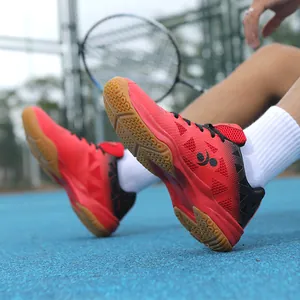 Professional red and black badminton shoes with breathable mesh and honeycomb rubber soles