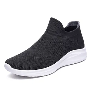 Black knit breathable slip-on walking shoes with thick white shock-absorbing rubber soles