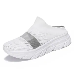 White breathable flyknit mule sneakers with thick rubber soles for summer casual wear