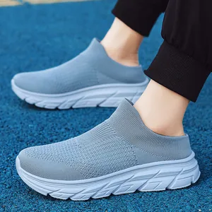 Light blue knit slip-on sneakers with breathable mesh and thick EVA soles