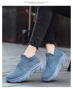 Close-up of blue fly-woven breathable mesh upper on lightweight men's casual sneakers