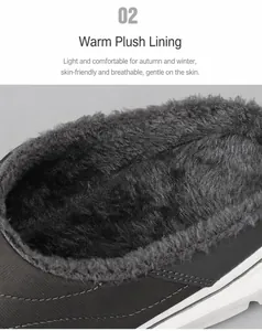 Close-up of winter cotton slippers showing thick grey plush lining and brown leather upper