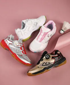 Detail view of badminton shoes featuring four colors and rotary dial lacing system