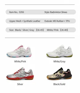 Specifications for badminton shoes 8356 featuring knob laces and breathable mesh materials