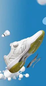 Detail of professional badminton shoes showing TPU anti-torsion plate and rotary buckle closure