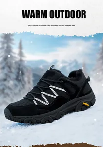 Macro shot of hiking boots with warm faux-fur lining and rugged rubber soles on snow