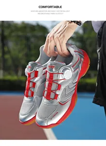 Close-up of athletic shoes featuring a rotary buckle and breathable large-hole mesh fabric