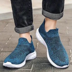 Men's breathable blue knitted sock shoes with white cushioned sole for casual outdoor walking