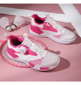 Detail of pink and white professional badminton shoes with rapid rotary lace system
