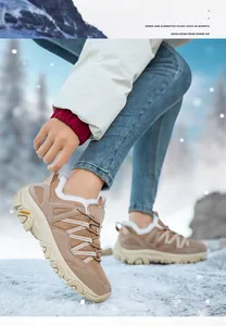Detail of warm winter hiking boots with thick plush lining and durable outdoor soles