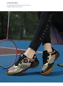 Close-up of professional badminton shoes featuring a convenient rotary buckle system