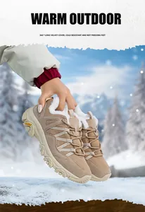 Detail of khaki outdoor shoe with warm white plush lining and thick anti-slip rubber sole