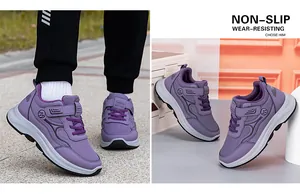 Detail of purple breathable walking sneakers featuring non-slip soles and velcro straps