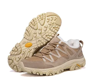 Detail view of khaki outdoor hiking shoes with fleece lining and anti-slip rubber soles