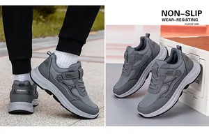 Detail of gray non-slip walking shoes featuring breathable mesh and EVA anti-skid soles