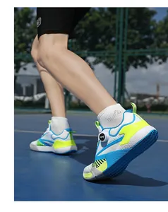Detail of professional sports shoe with disc lacing system and blue anti-slip rubber sole