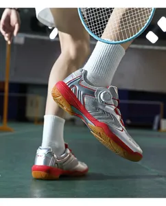 Dynamic action shot of professional indoor badminton shoes with easy swivel buckle
