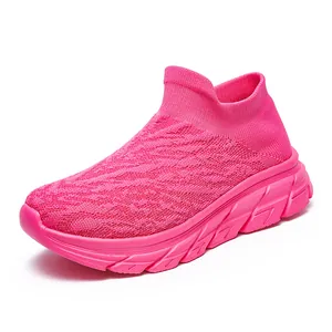 Pink breathable fly-knit sock sneakers for men with lightweight thick sole