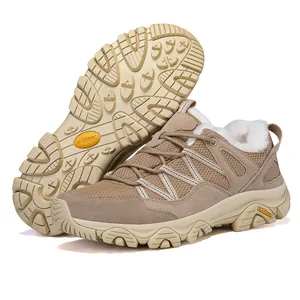 Outdoor winter hiking shoes in khaki leather with warm fleece lining and non-slip rubber sole