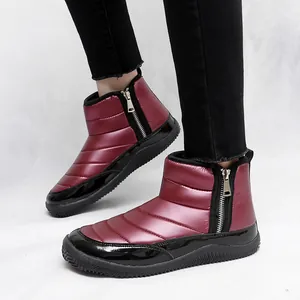 Burgundy quilted winter snow boots for women with side zipper and non-slip rubber sole