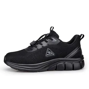 Chaussures de marche respirantes noires avec semelles en caoutchouc pour personnes âgées