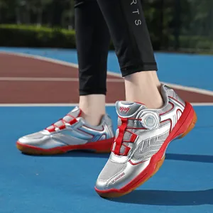 Silver indoor badminton shoes with swivel buckle and anti-slip rubber sole for sports