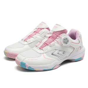 White and pink badminton sports shoes with mesh upper and convenient rotary buckle