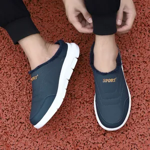 Winter thermal mule slippers for men in navy blue with warm fleece lining and sport logo