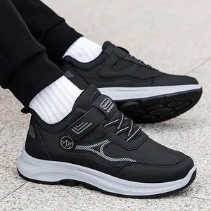Comfortable black walking shoes for seniors with breathable mesh and thick white soles