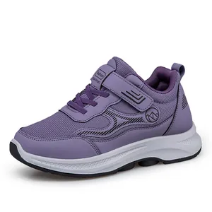 Comfortable purple breathable mesh walking shoes with lace-up and velcro closure for elderly