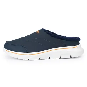 Winter plush indoor slippers in navy blue with waterproof upper and warm fleece lining
