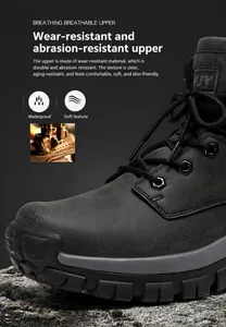 Detail of durable matte faux leather hiking boot with anti-collision toe and non-slip sole