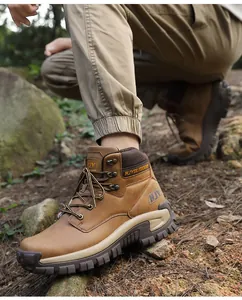 Close-up of brown outdoor hiking boots with anti-slip rubber soles and durable laces