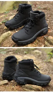 Macro detail of men's durable outdoor hiking boots with rugged rubber soles and sturdy laces