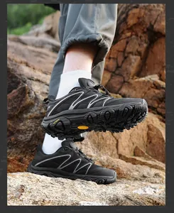 Close-up of durable non-slip sole and quick-lace system on professional hiking shoes