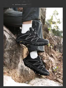 Detailed view of durable hiking shoes featuring non-slip thick soles and side wave support