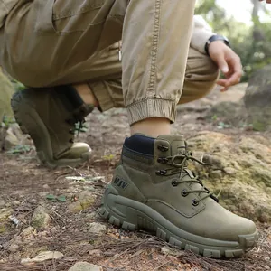 Men's olive green outdoor hiking boots with durable anti-slip rubber soles for trekking