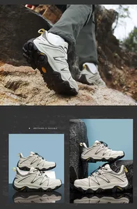 Detail of outdoor hiking shoes with chunky rubber soles and quick-lace toggle system