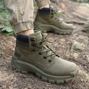 Army green high-top outdoor hiking boots with tactical nubuck leather and durable rubber sole