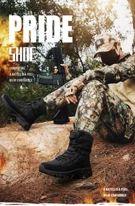 Rugged black high-top tactical boots for men in outdoor training with camo gear