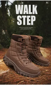 Close-up of brown tactical boots with quilted fabric and thick lug soles in forest