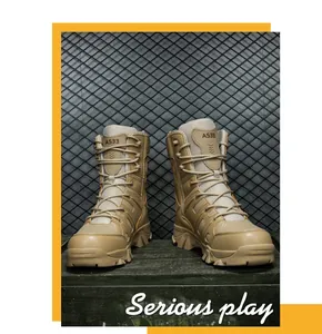 Detail of desert khaki tactical boots showing side zipper and durable mesh material