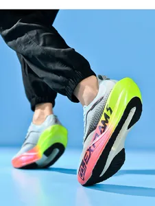 Close-up of blue breathable mesh sneakers with vibrant gradient soles and side logo