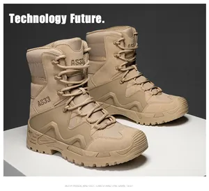 Close-up detail of desert tan tactical combat boots with mesh and suede panels