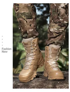 Close-up of khaki tactical hiking boots featuring side zipper and durable leather mesh