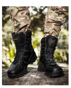 Macro view of black tactical boot showing reinforced toe and red AS33 tongue label