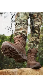 Detailed low-angle shot of brown tactical boots showing anti-slip tread and grip