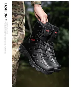 Detail of black tactical high-top hiking boots with A533 logo and non-slip sole